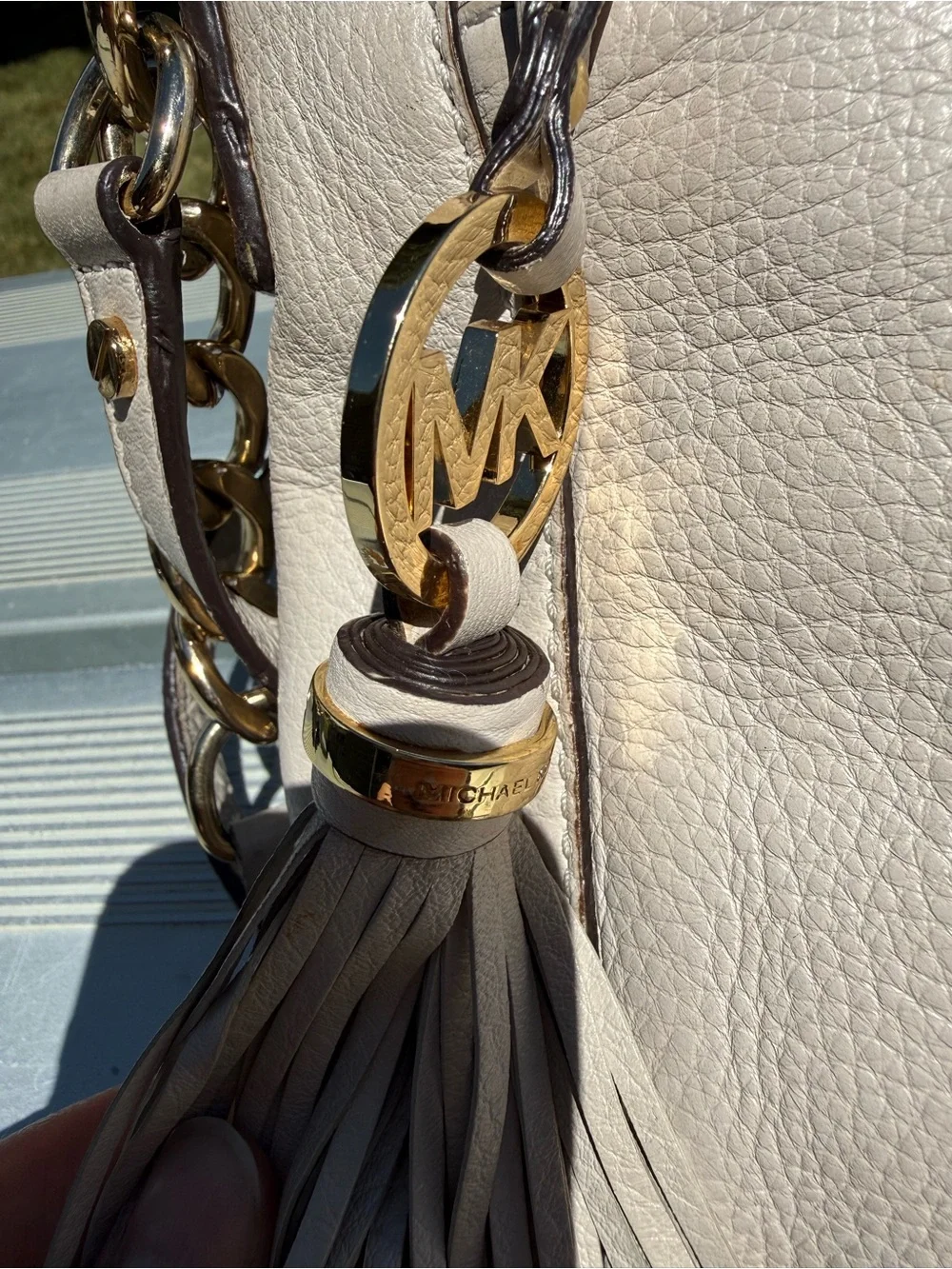 Michael Kors Pebbled Leather Crossbody in Light Taupe with Gold Hardware